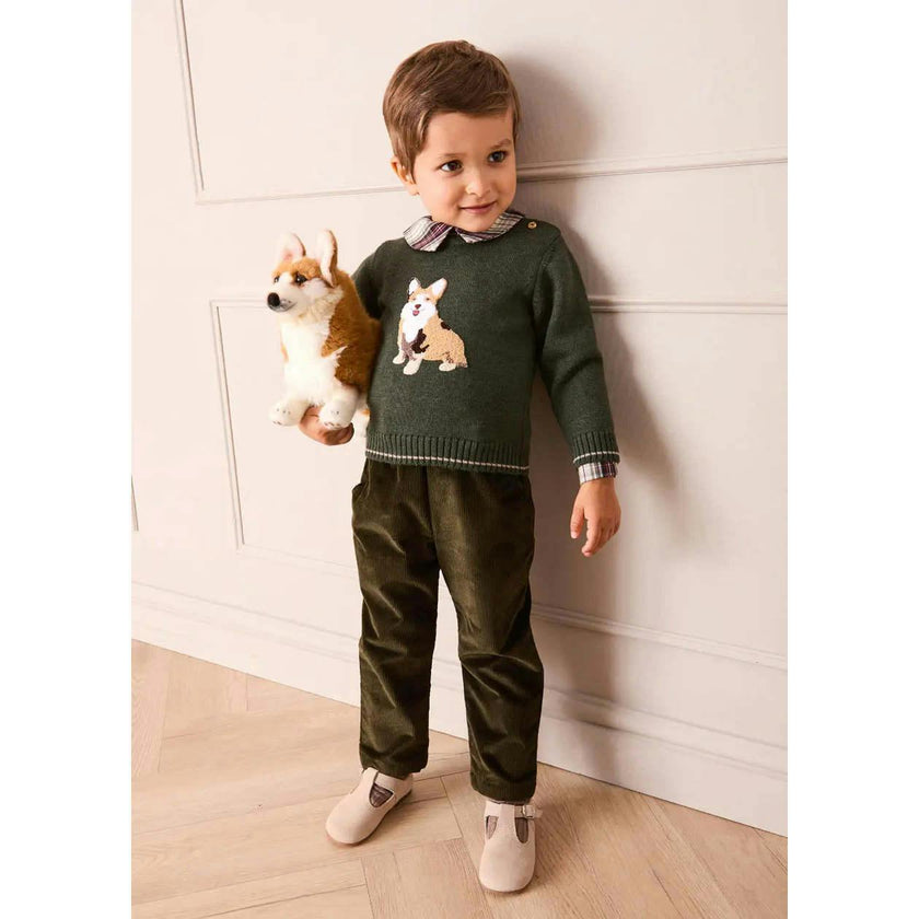 Corgi Embroidered Button Detail Jumper in Green (18mths-10yrs)