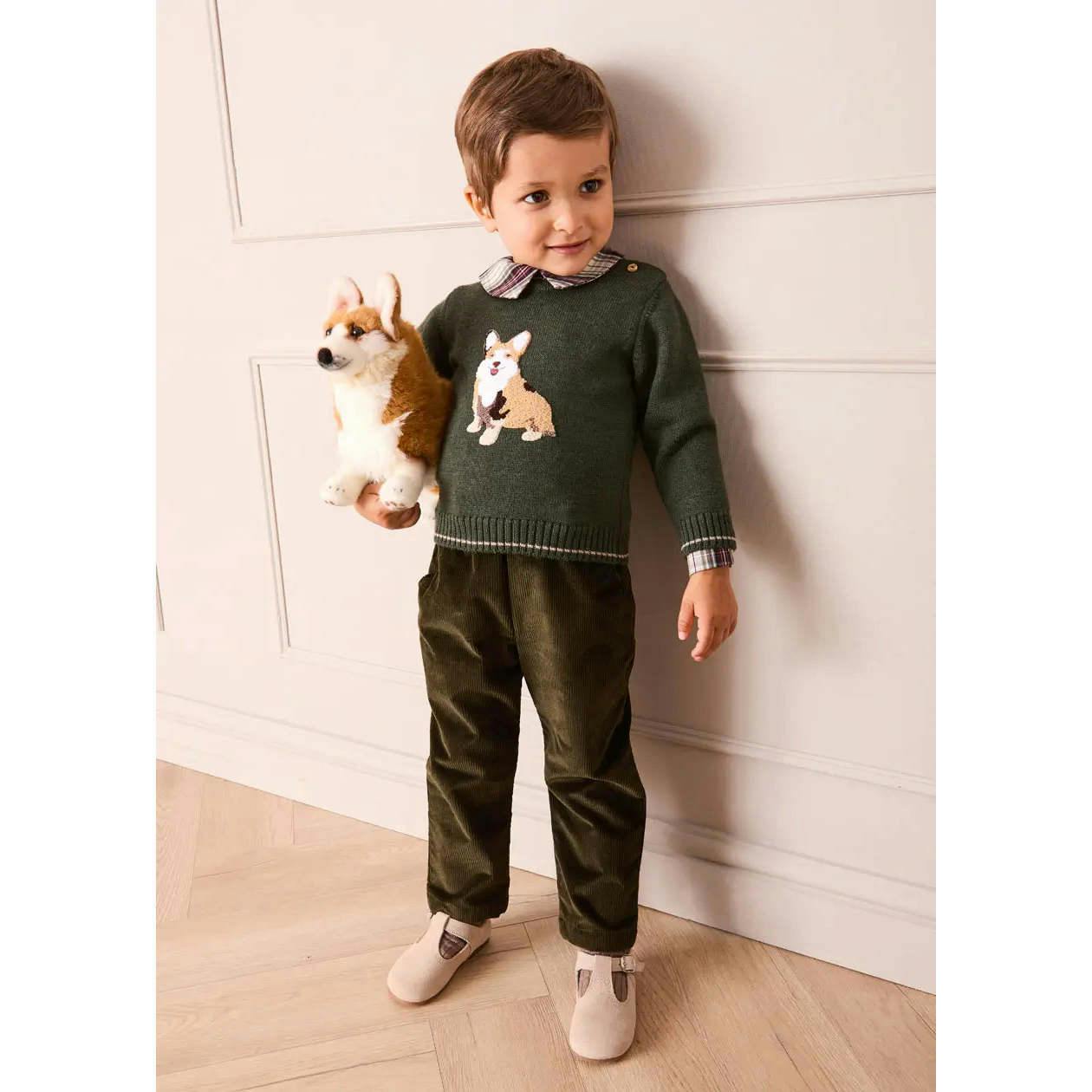 Corgi Embroidered Button Detail Jumper in Green (18mths-10yrs)