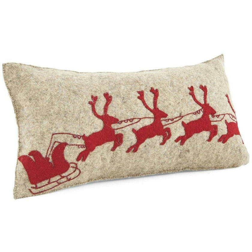 Handmade Christmas Pillow Hand Felted Wool - Red Reindeer Gray - 12"x24"