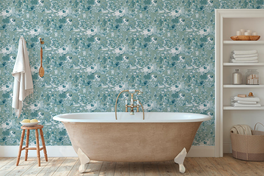 Wallpaper TOILE DE MER color Green Blue