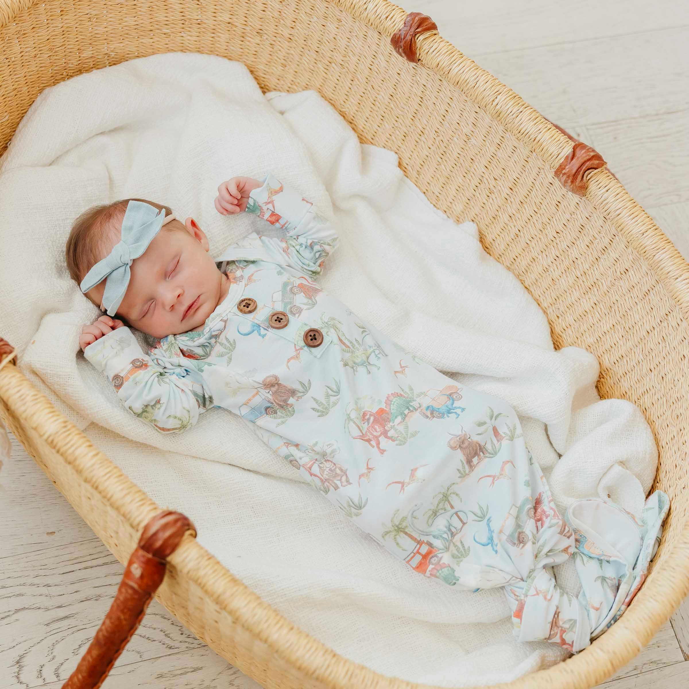Newborn Wood Button Knotted Gown - Dino Explorer