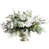 Winter White Magnolia, Pine & Snowberry Christmas Arrangement Centerpiece in Antiqued Silver Metal Urn
