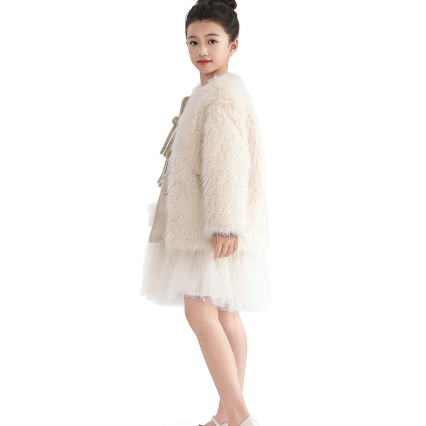 Cream Faux Fur & Wool Bow Coat
