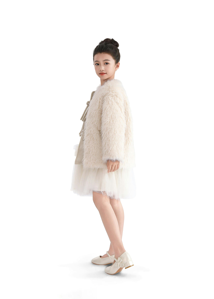 Cream Faux Fur & Wool Bow Coat