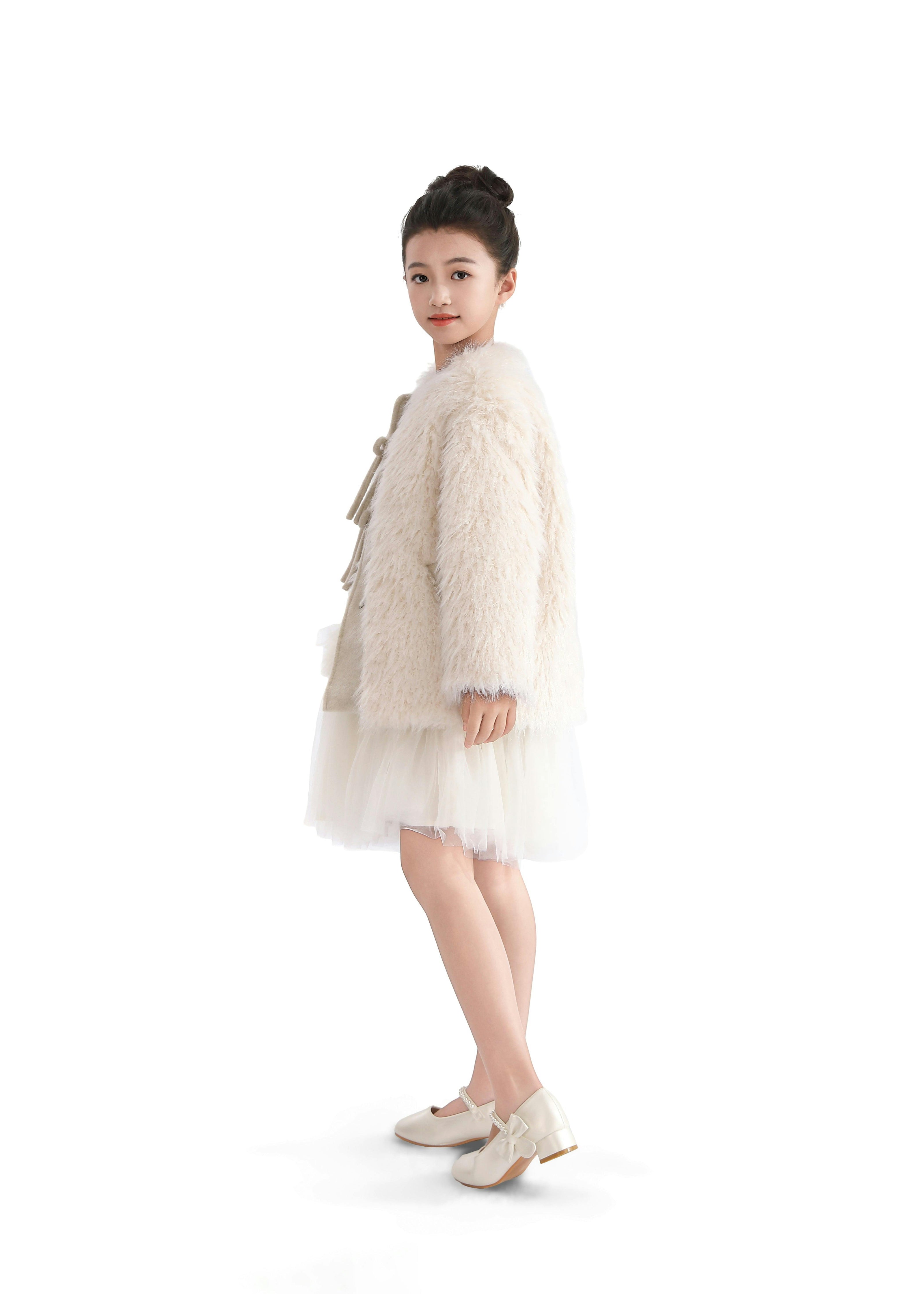 Cream Faux Fur & Wool Bow Coat
