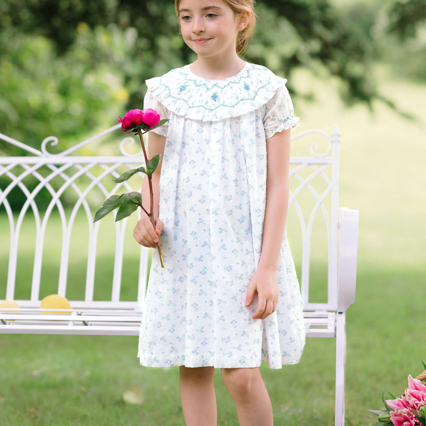 Myrtille Blue Floral Short Sleeve Bishop Dress