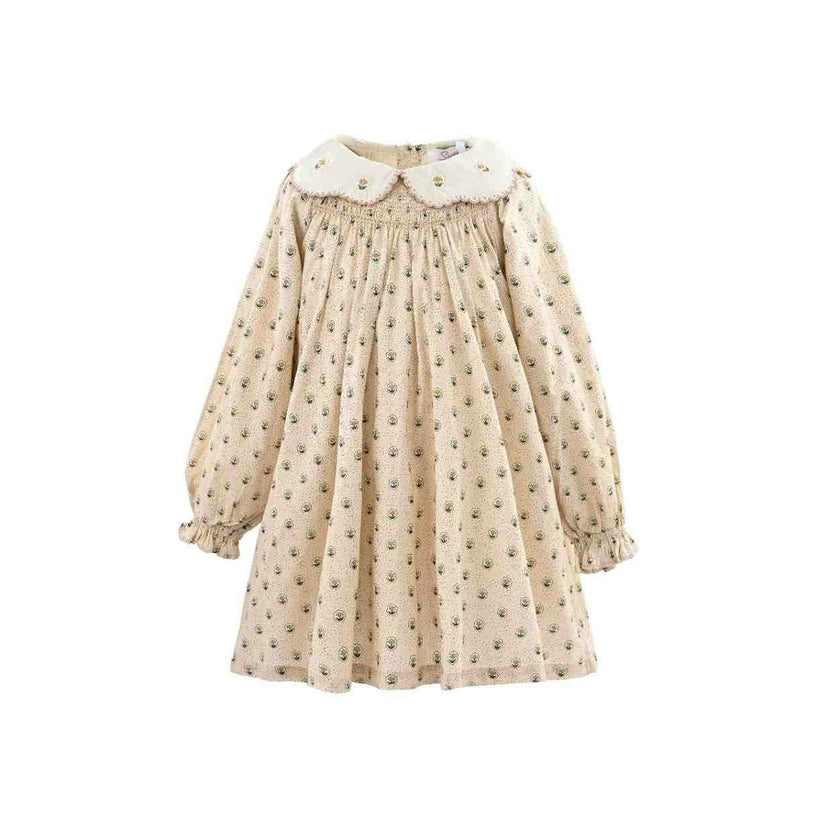 Beige Floral Smocked Dress