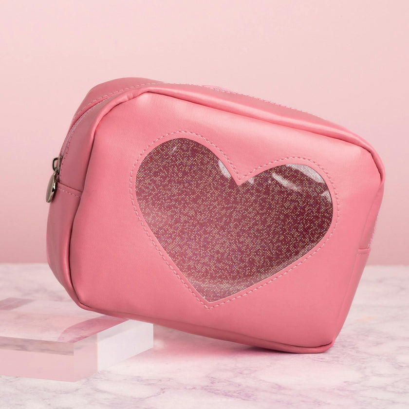 Pink Glitter Heart Cosmetic Bag