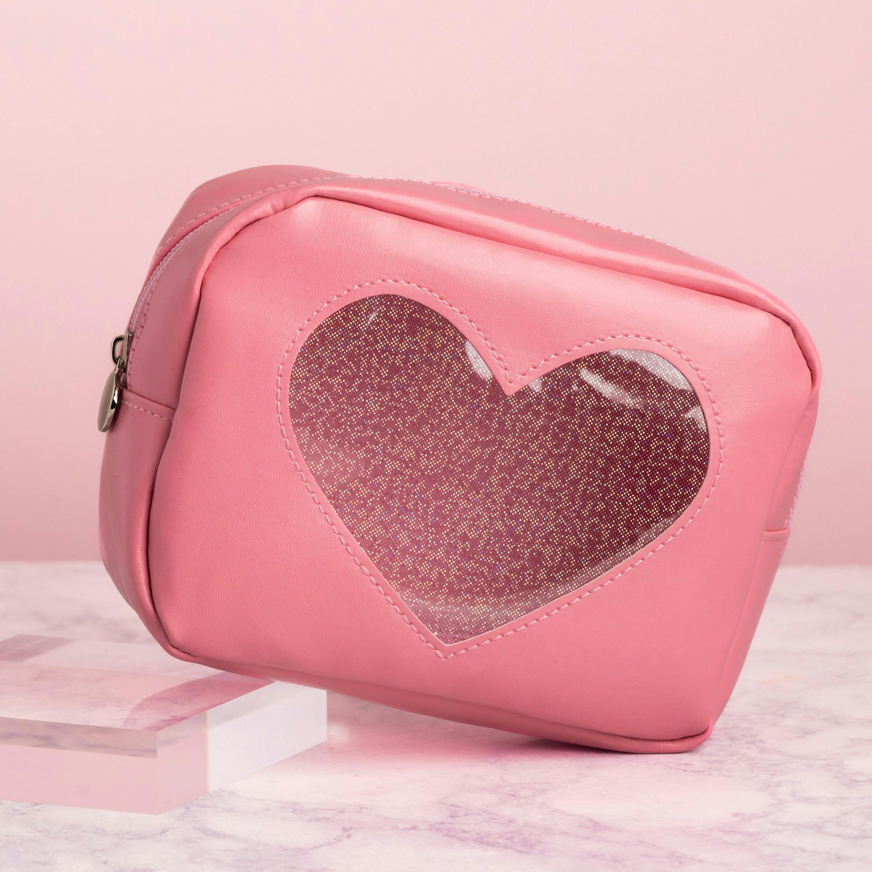 Pink Glitter Heart Cosmetic Bag