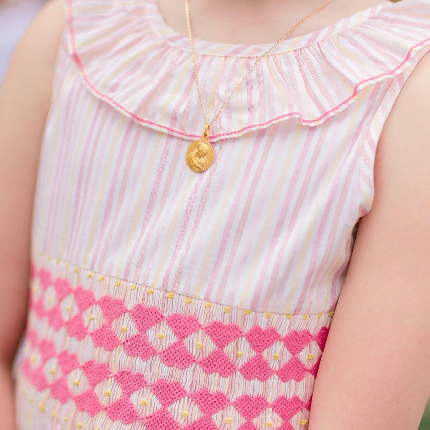 Capucine Pink Yellow Stripe Sleeveless Smocked Dress