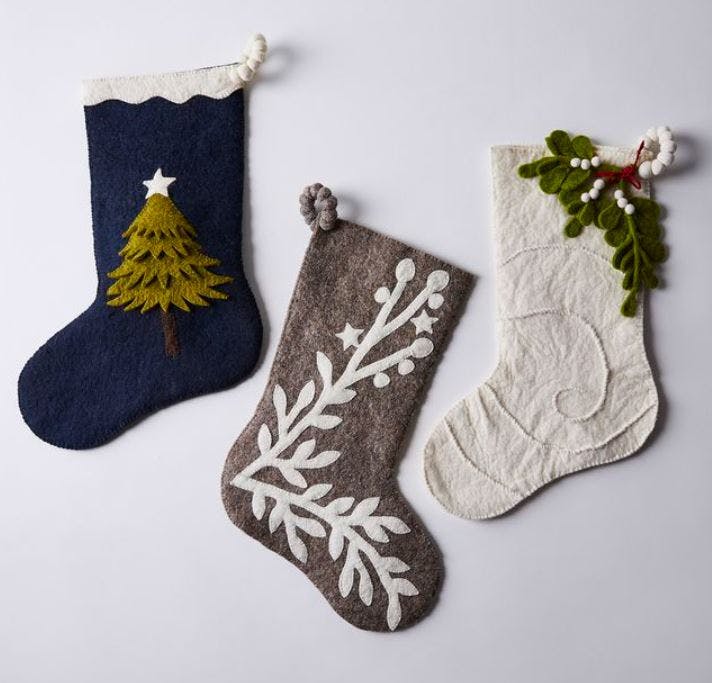 Hand Felted Wool Christmas Stocking - Tree Navy Blue