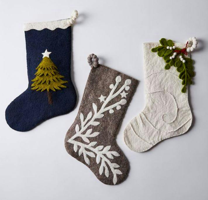 Hand Felted Wool Christmas Stocking, Stars and Branch Gray