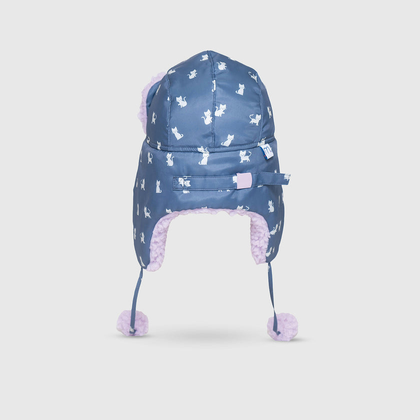 The Cozy Trapper Hat – Kittens Print with Orchid Sherpa Liner & Pompoms