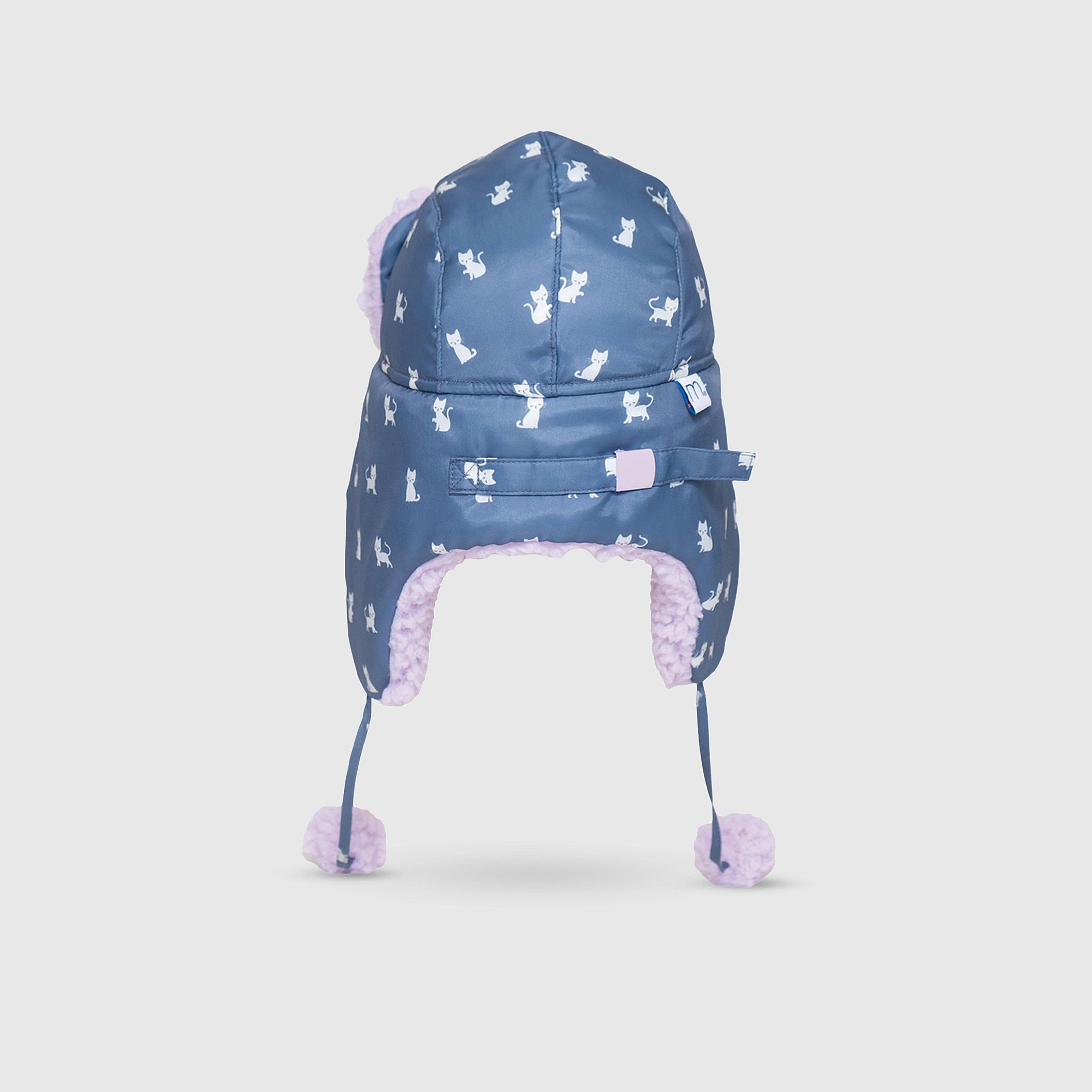 The Cozy Trapper Hat – Kittens Print with Orchid Sherpa Liner & Pompoms