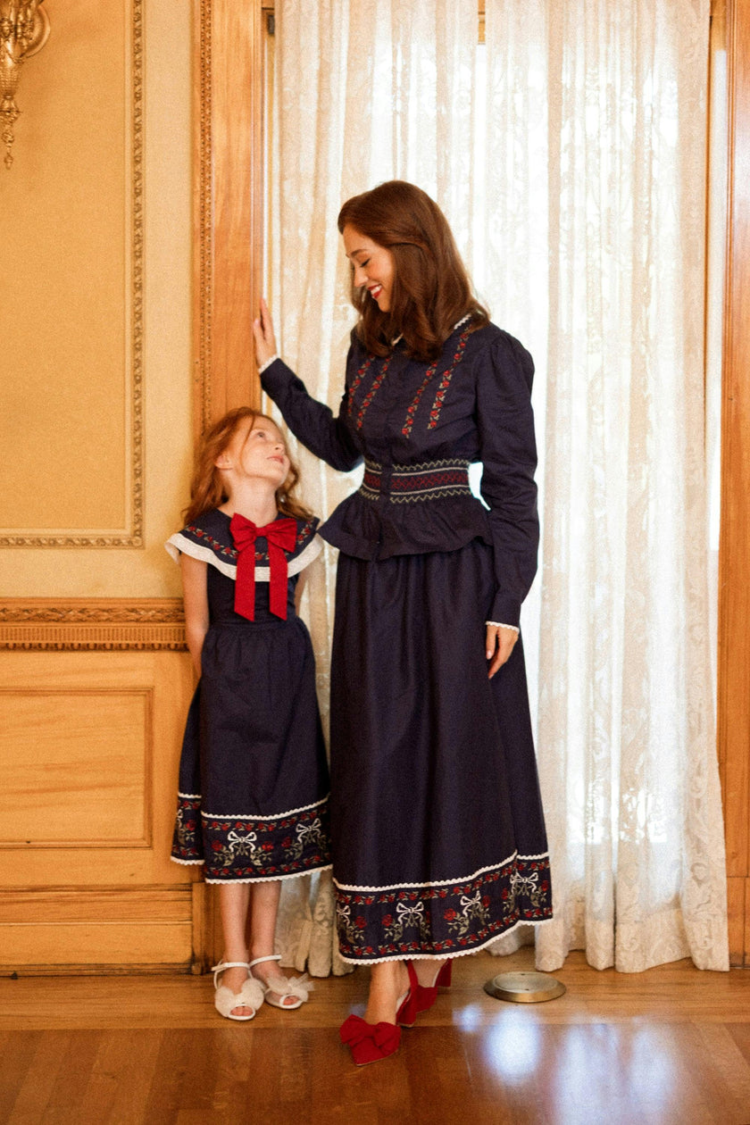 Mini Aster Dress in Sapphire Rosette Embroidery
