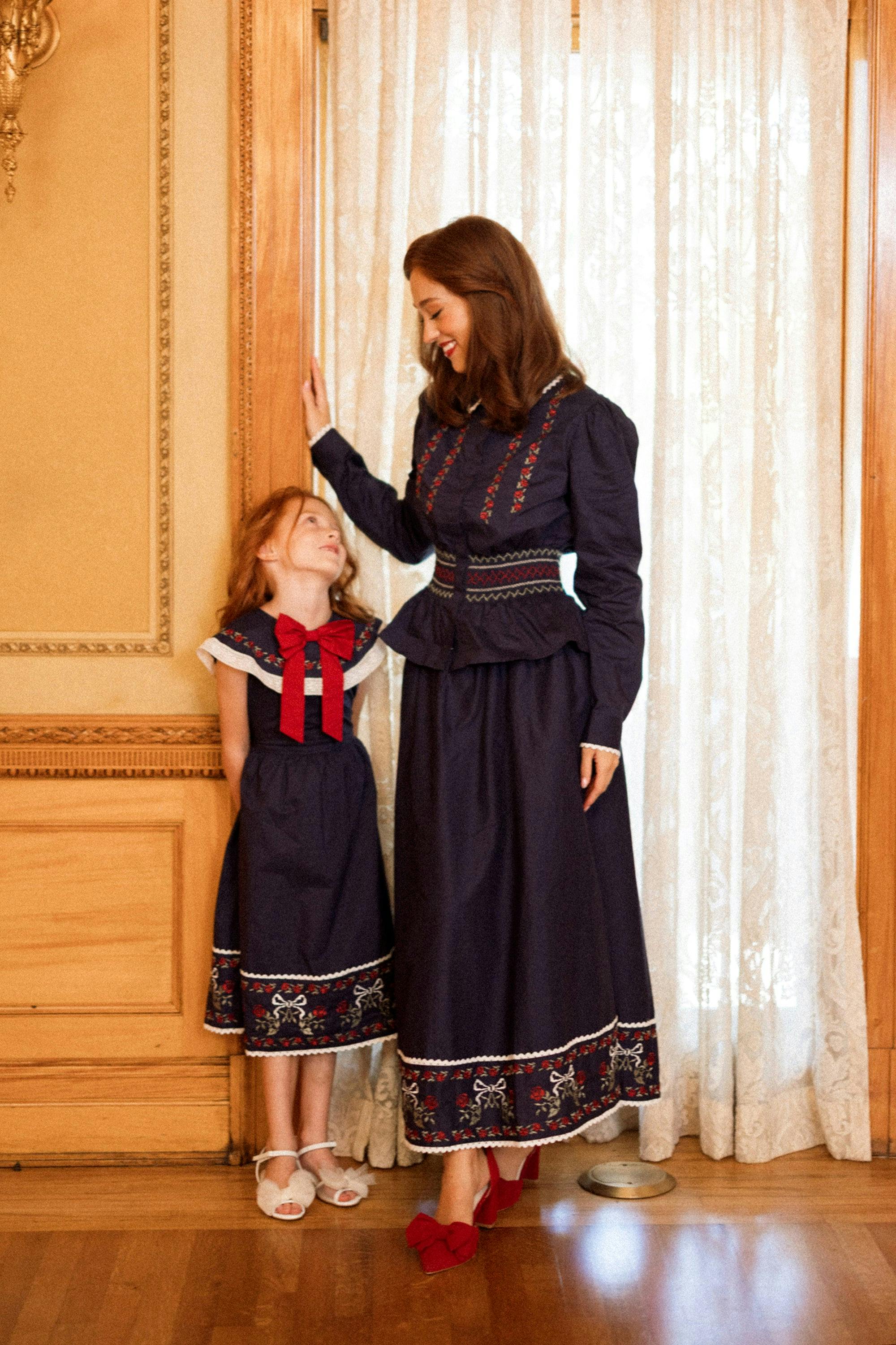 Mini Aster Dress in Sapphire Rosette Embroidery