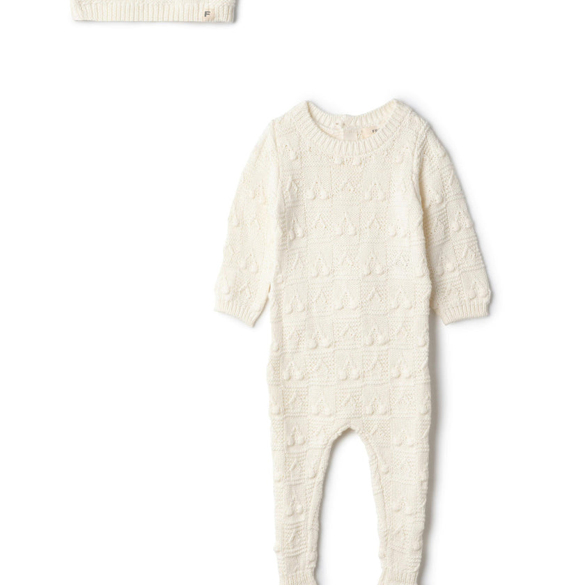 Knit Textured Onesie and Hat Off White
