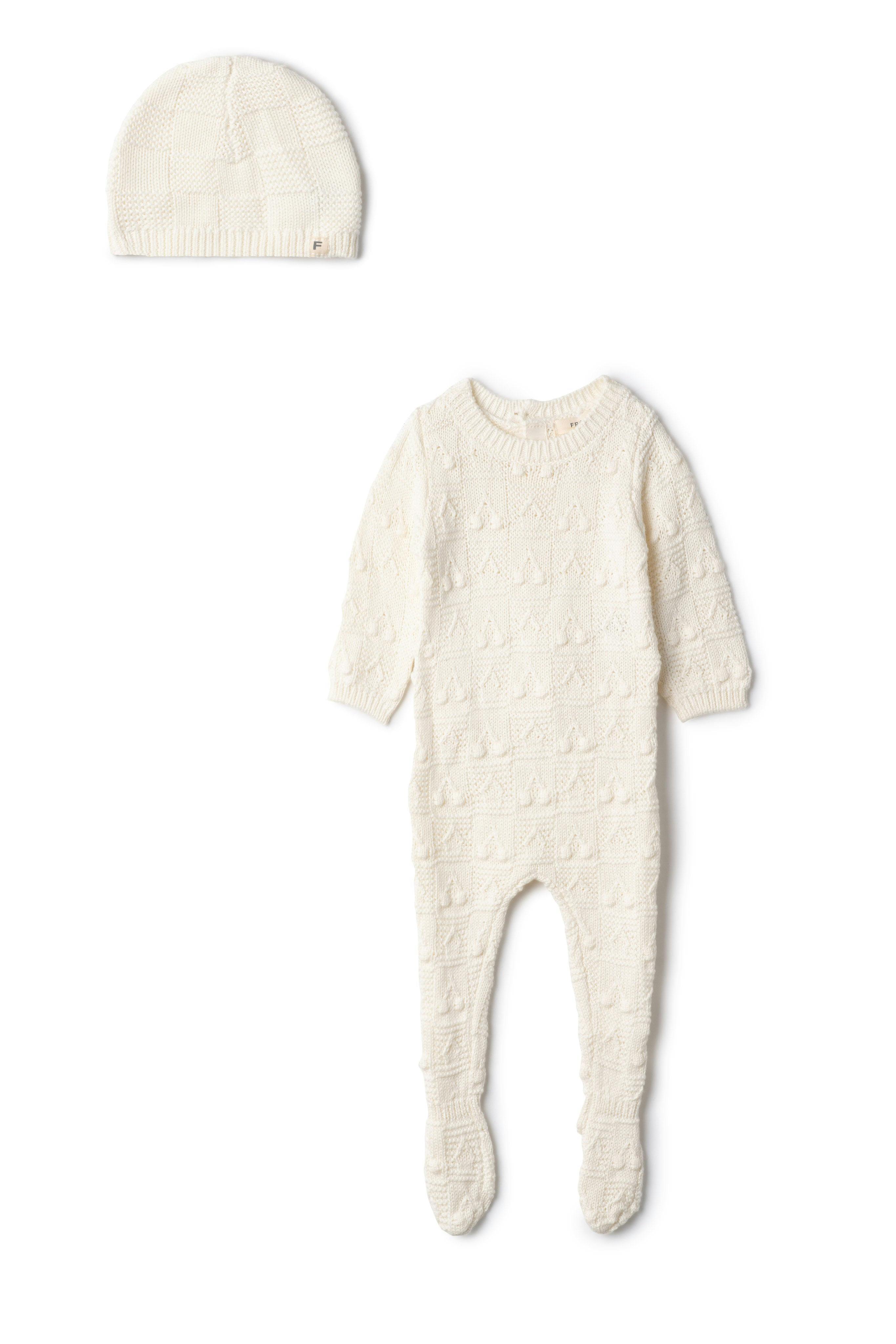 Knit Textured Onesie and Hat Off White