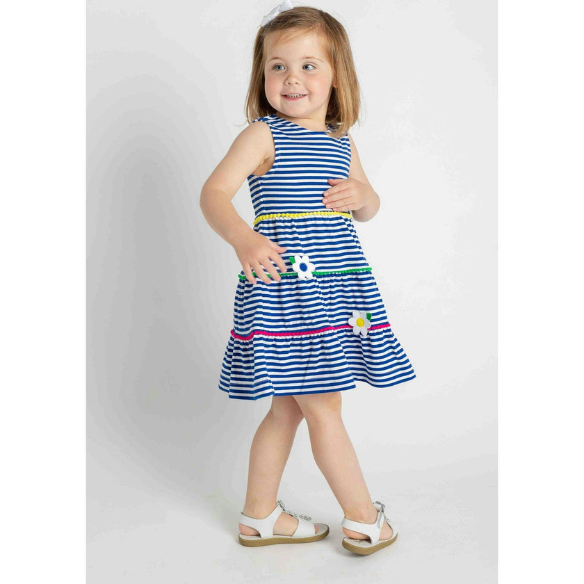 Stripe Knit Dress With Pom Poms & Flowers