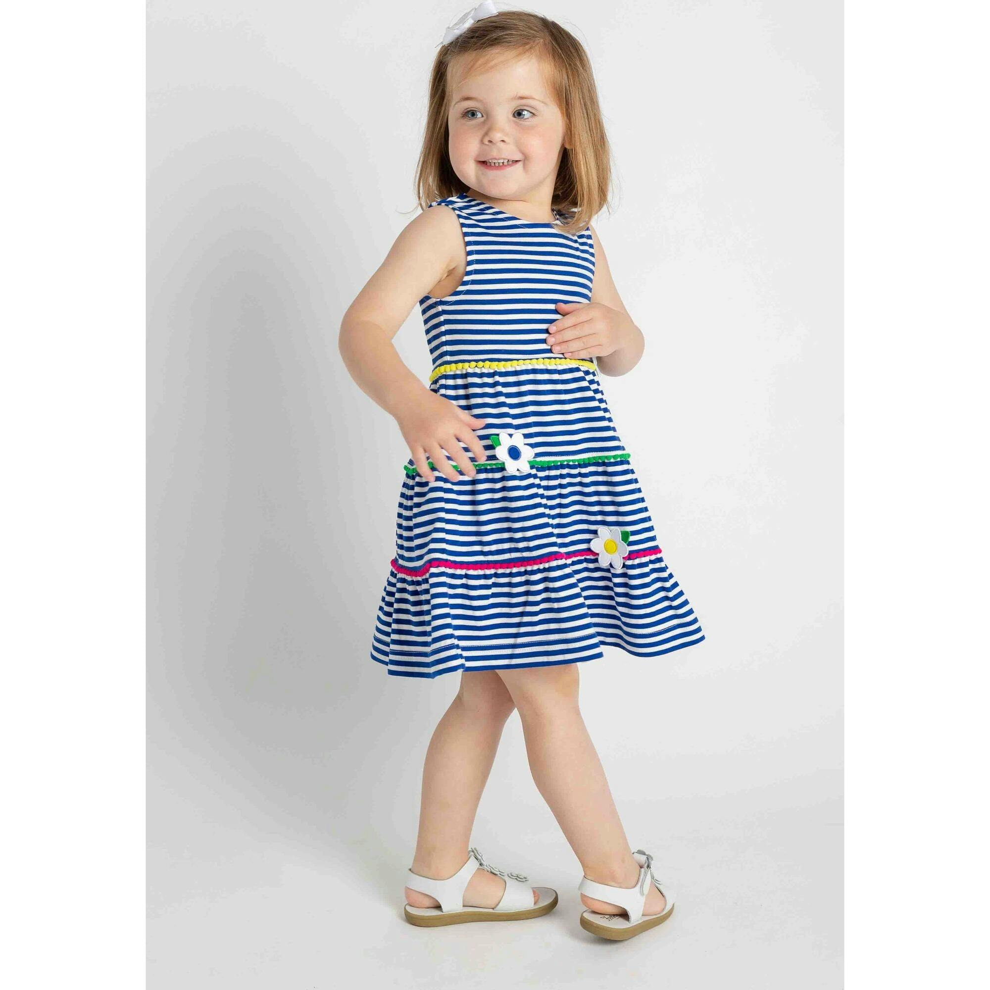 Stripe Knit Dress With Pom Poms & Flowers