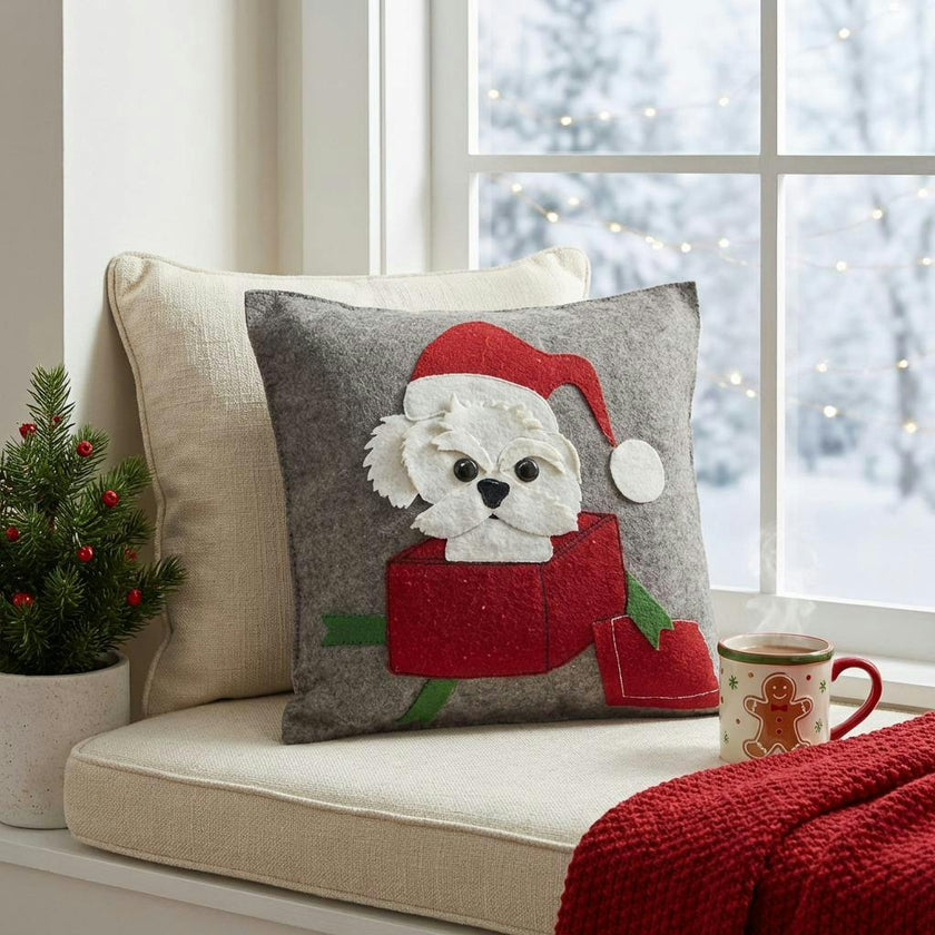 Hand Felted Wool Christmas Pillow - Dog Box - 20"