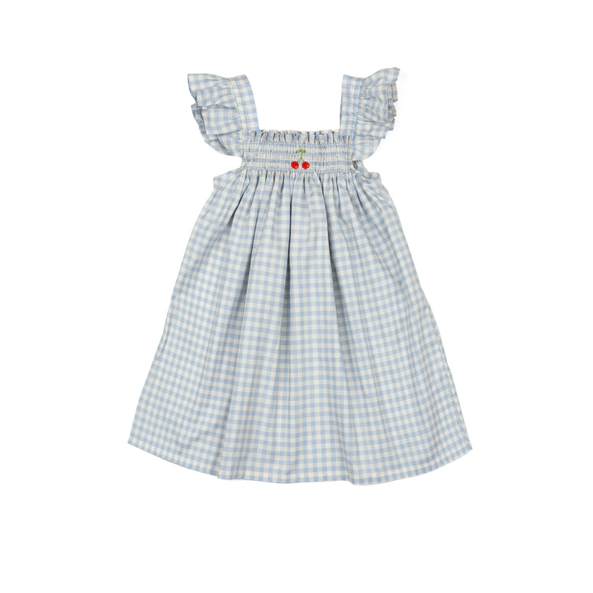 Smock Flutter Dress in Blue Gingham/Cherry