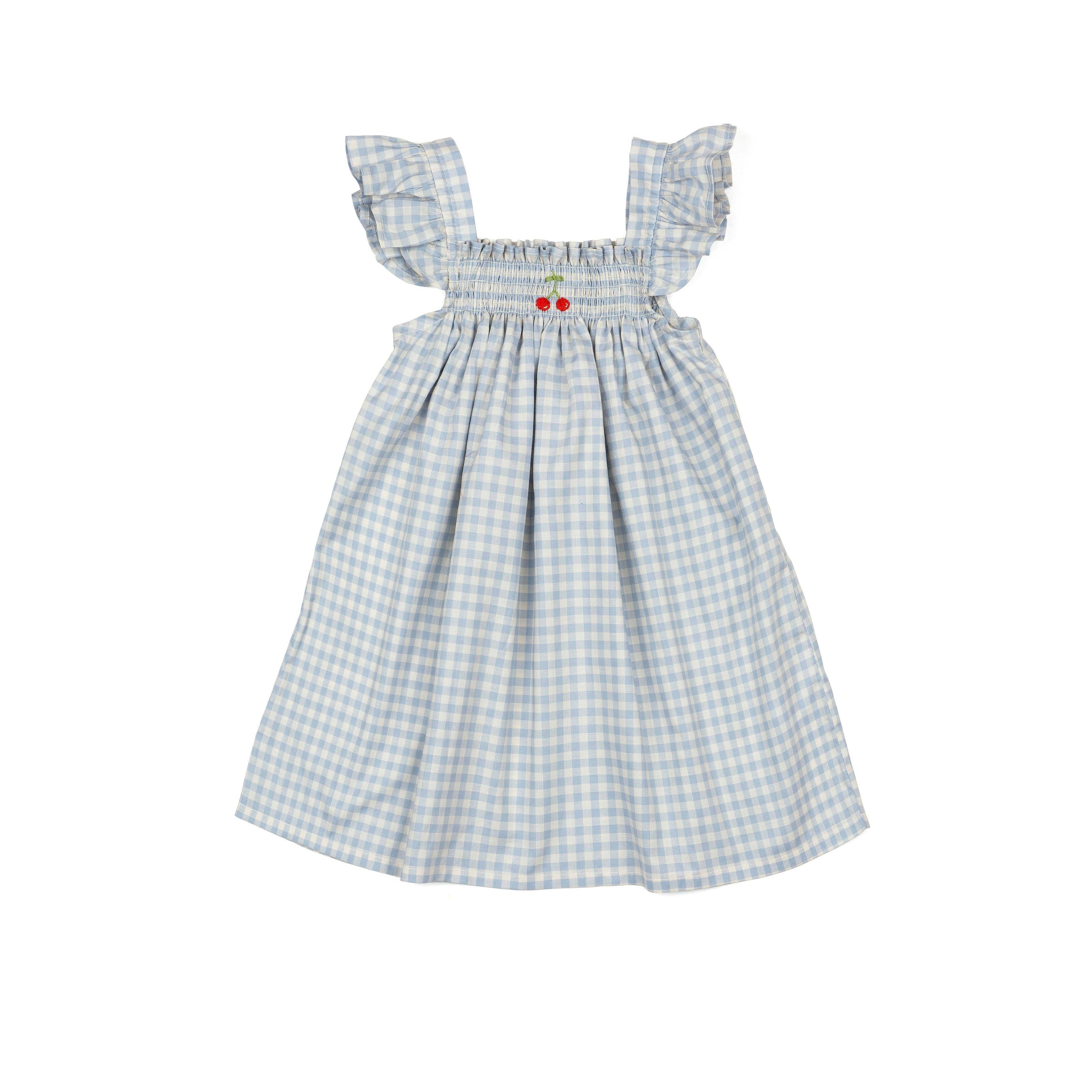 Smock Flutter Dress in Blue Gingham/Cherry