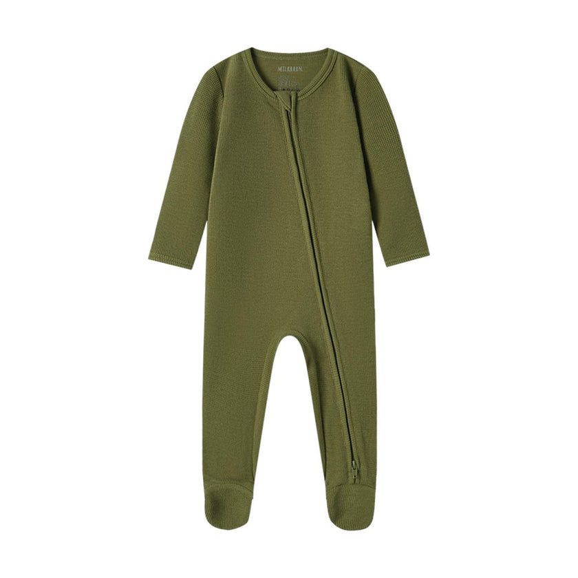 Olive Waffle Zipper Footed Romper
