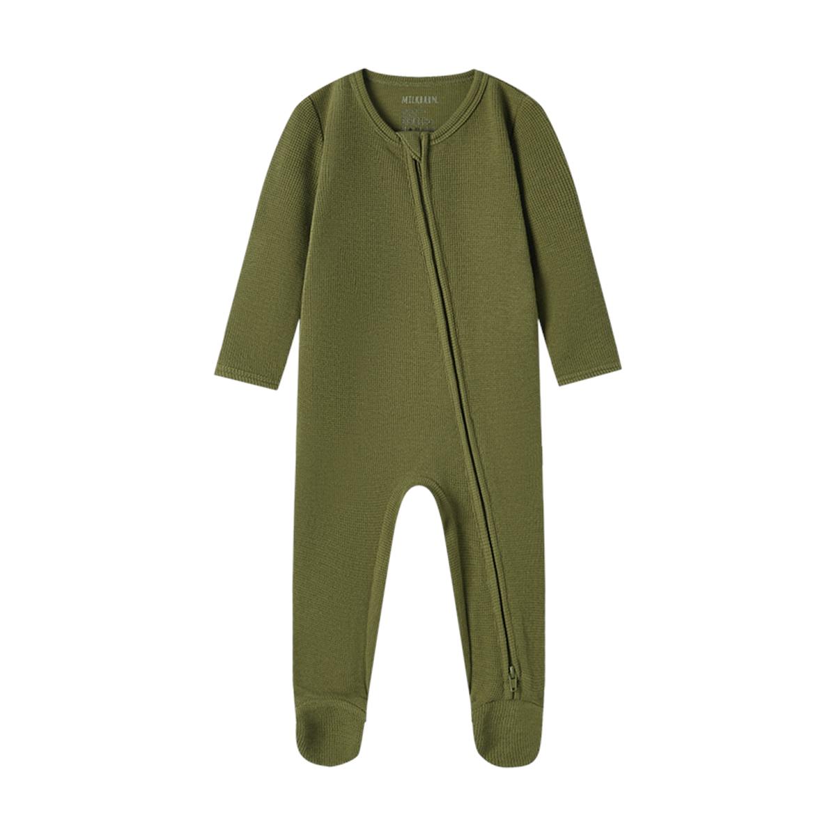 Olive Waffle Zipper Footed Romper