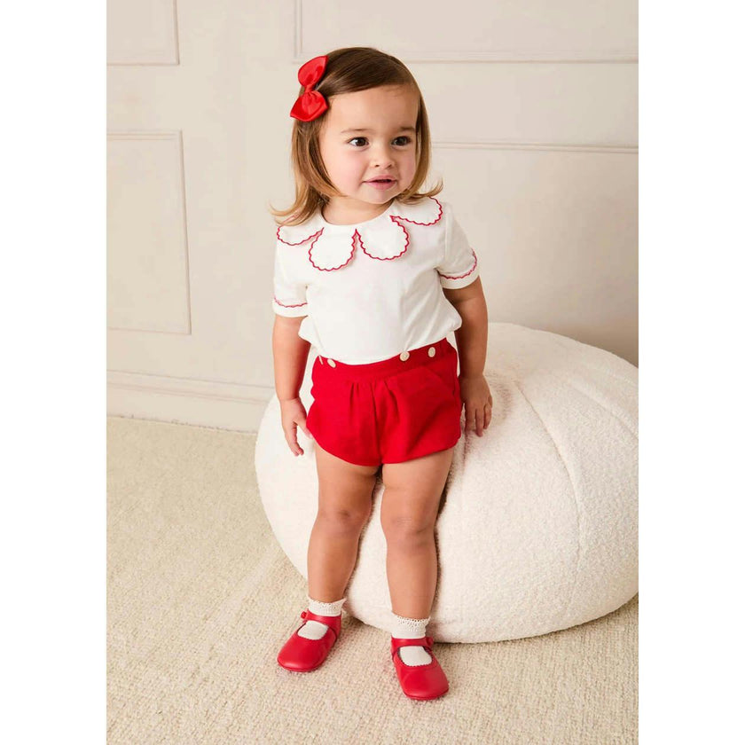 Dahlia Petal Collar Short Sleeve Two Piece Set in Red (6mths-3yrs)