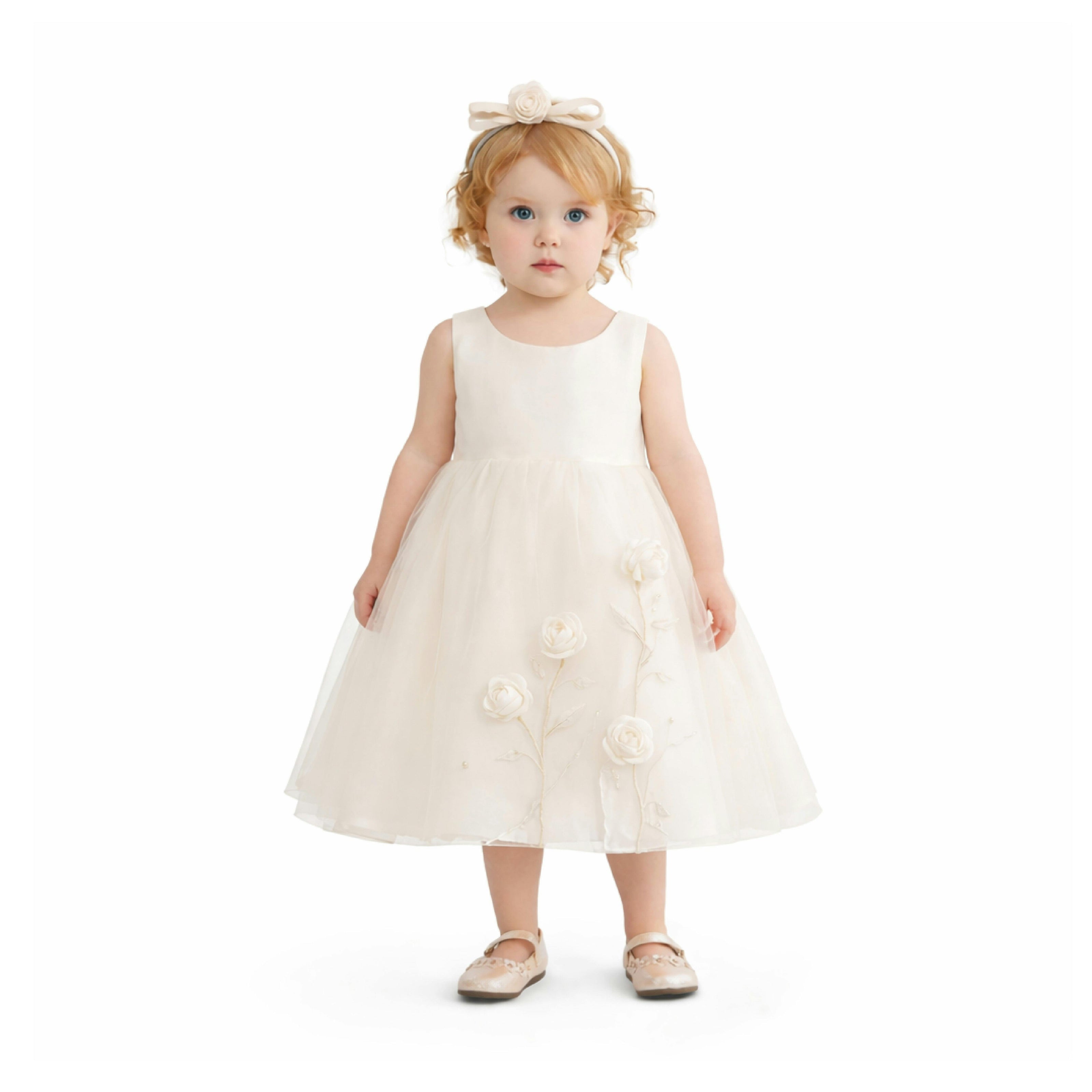 White Valmonta Satin Dress with Floral Accents