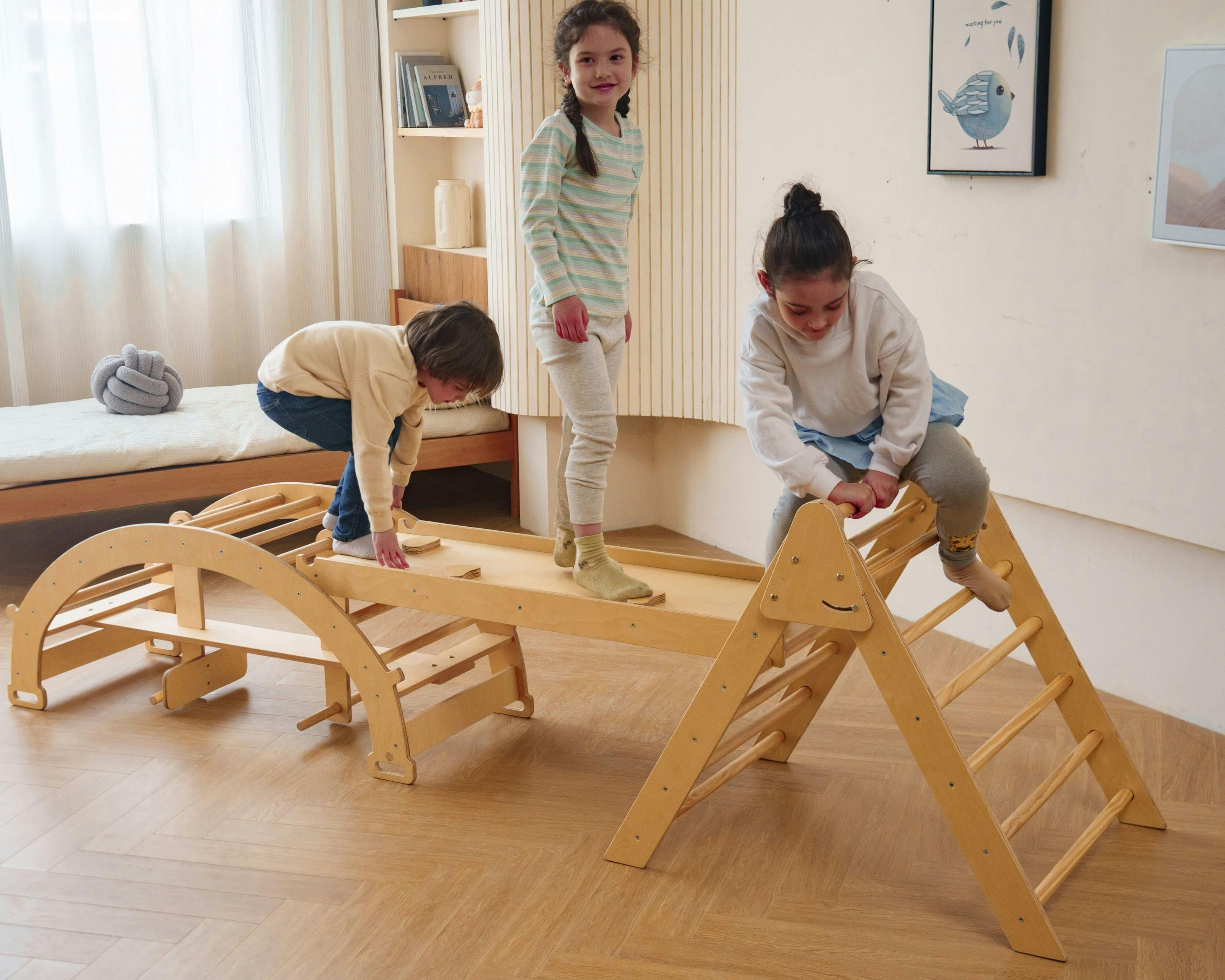 Bazel 6-in-1 Pikler Climber Set | Wooden Triangle, Rocker Arch & Slide for Toddlers