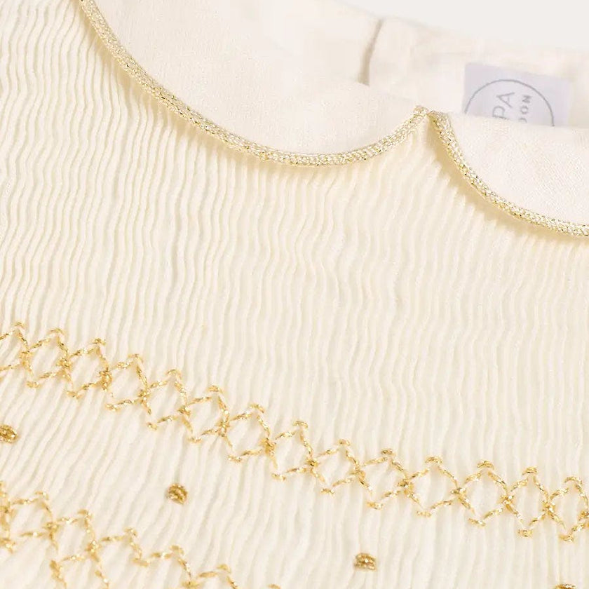 Hand Smocked Gold Embroidered Sleeveless Dress in Ivory (12mths- 10yrs)