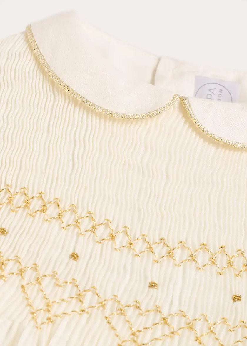 Hand Smocked Gold Embroidered Sleeveless Dress in Ivory (12mths- 10yrs)