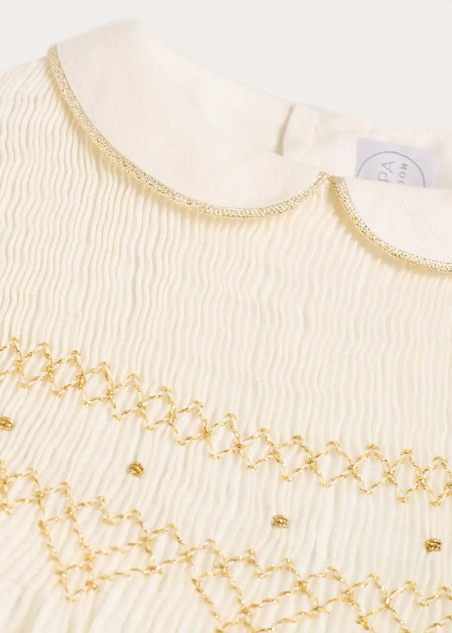 Hand Smocked Gold Embroidered Sleeveless Dress in Ivory (12mths- 10yrs)