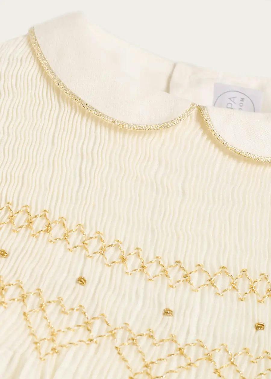 Hand Smocked Gold Embroidered Sleeveless Dress in Ivory (12mths- 10yrs)