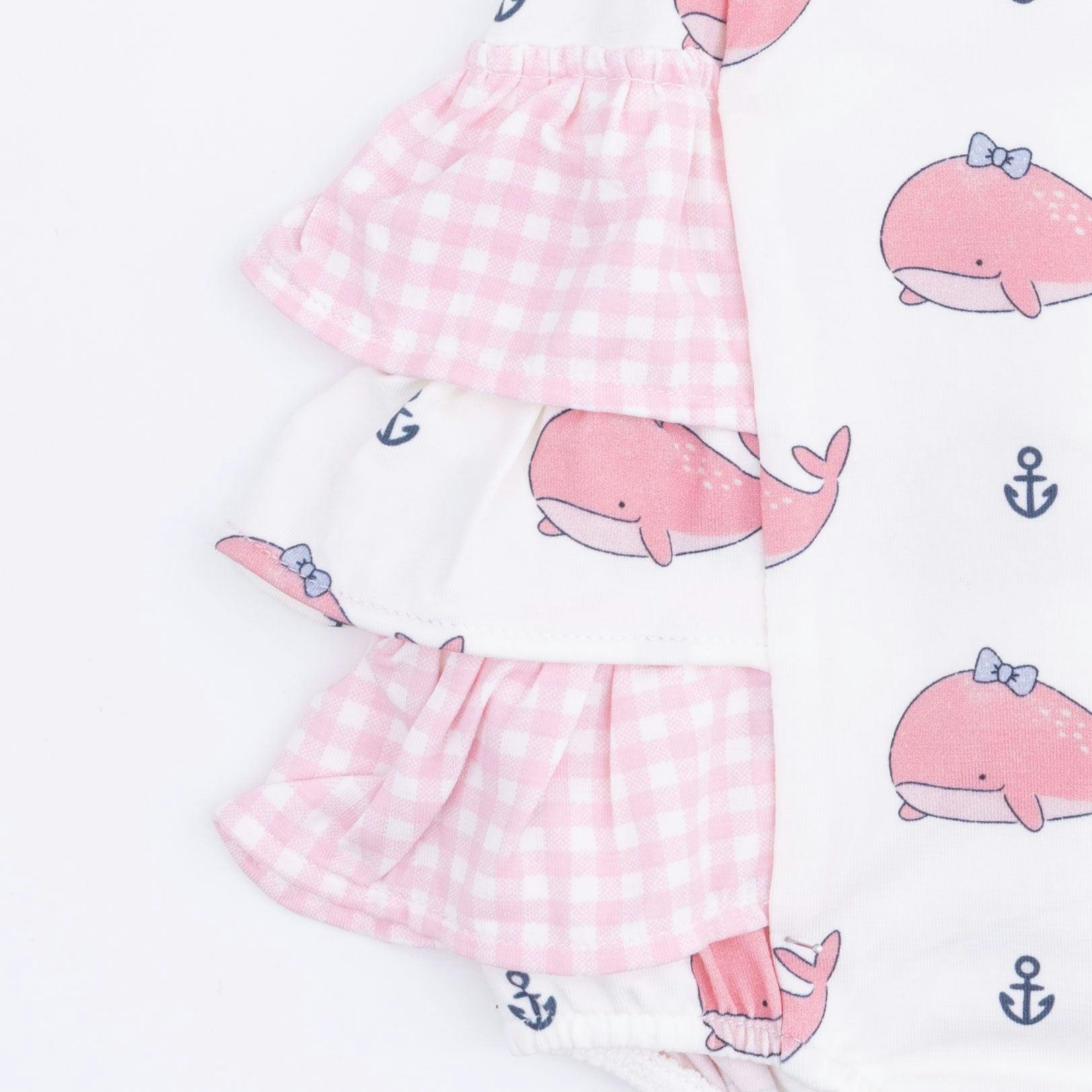 Bubbly Whale with Bow  Pink - Ruffle Sunsuit
