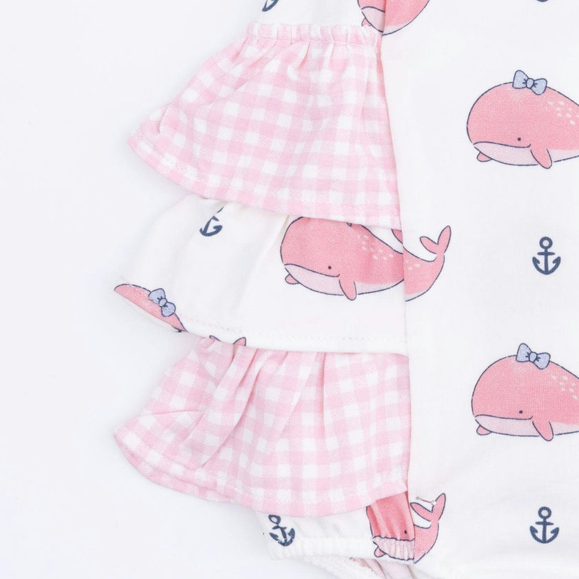 Bubbly Whale with Bow  Pink - Ruffle Sunsuit