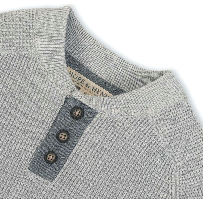 Organic Long Sleeve Henley Pullover Sweater with Elbow Patches