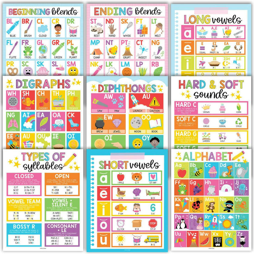 16-Piece Colorful Prek & Kindergarten Posters & 9-Piece Phonics & Vowels Posters