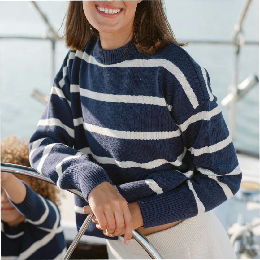 Women's Navy And Cream Wide Stripe Knit Sweater