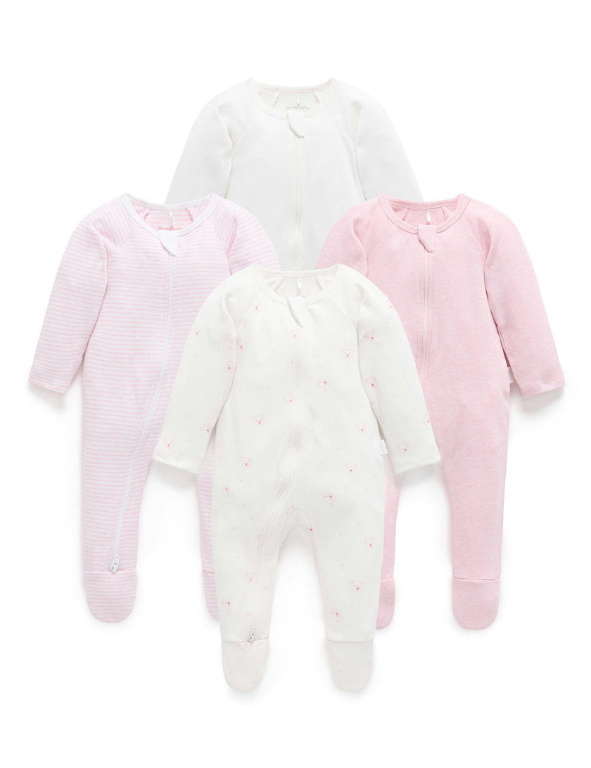 4 Pack Zip Growsuit Pale Pink Bear Pack