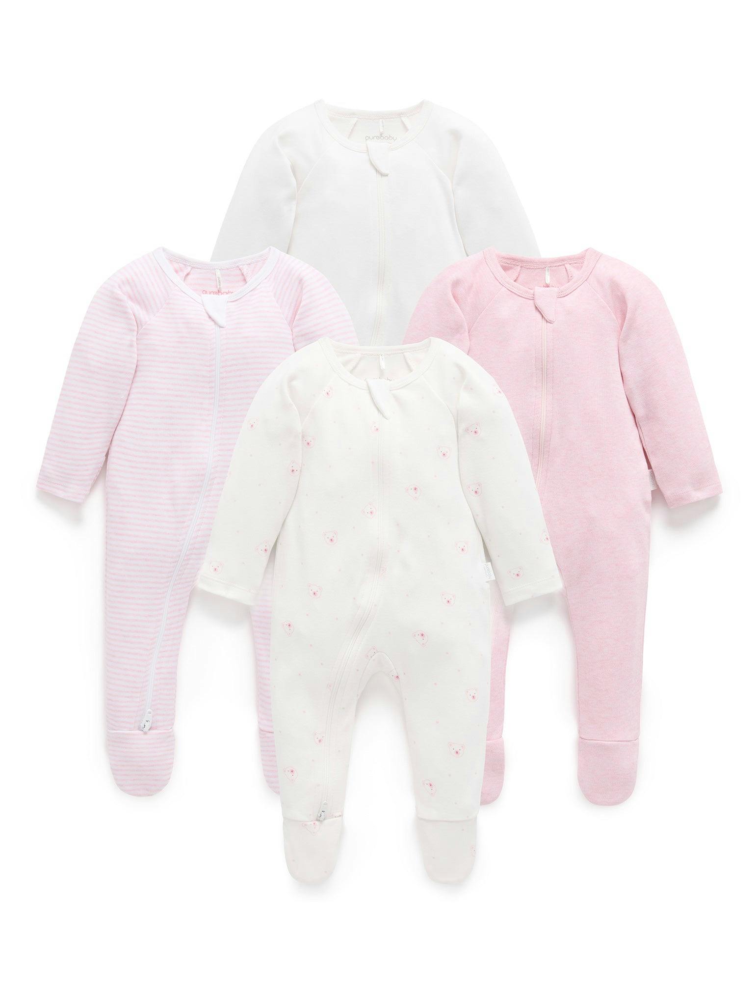 4 Pack Zip Growsuit Pale Pink Bear Pack