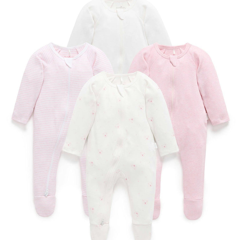 4 Pack Zip Growsuit Pale Pink Bear Pack