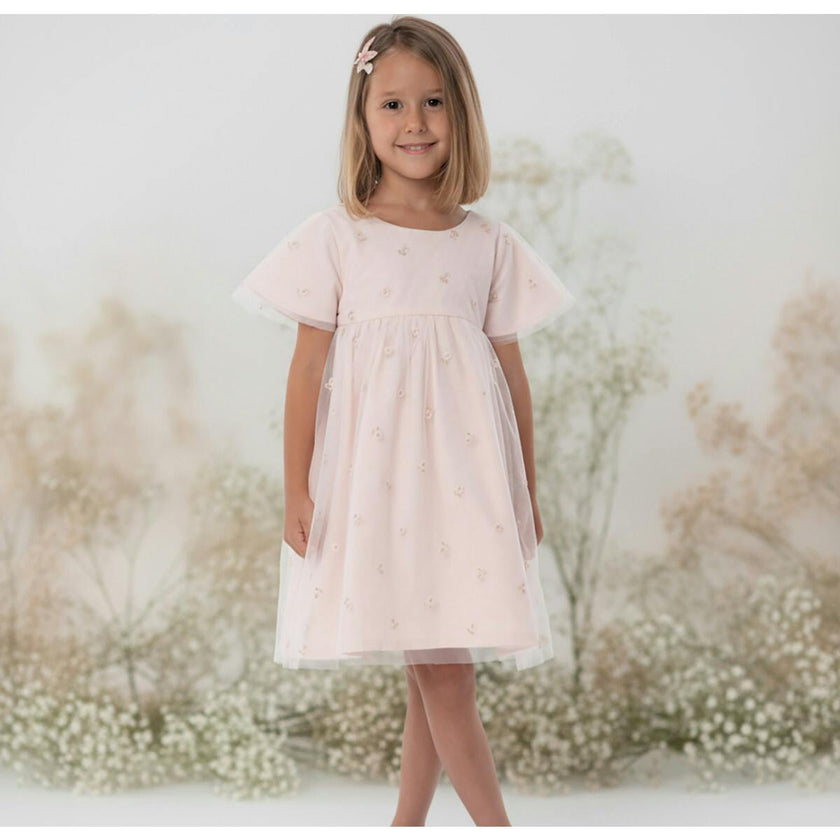 Flora Girl Dress , Pink Flower Embroidery