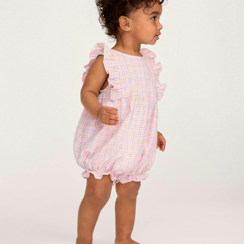 Baby's Twill Ruffled Romper in Peony Plaid