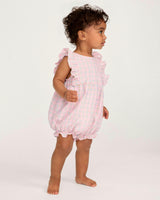 Baby's Twill Ruffled Romper in Peony Plaid