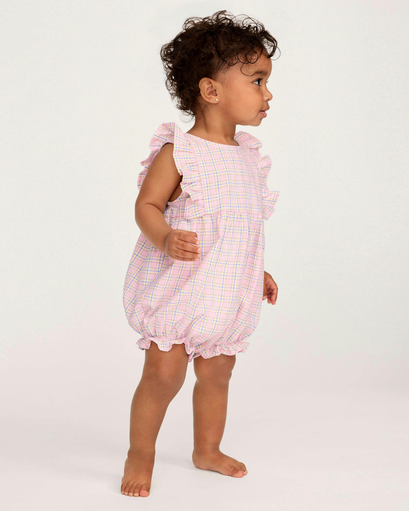 Baby's Twill Ruffled Romper in Peony Plaid