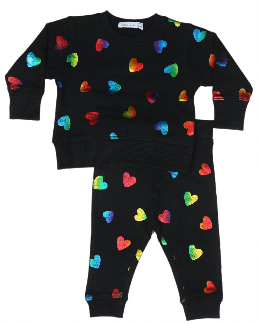 🌈 Toddler All-Over Foil Hearts Sweat Set - Rainbow