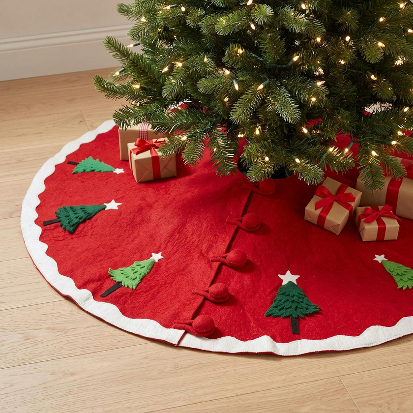 Handmade Christmas Tree Skirt Felt - Trees Red - 60"